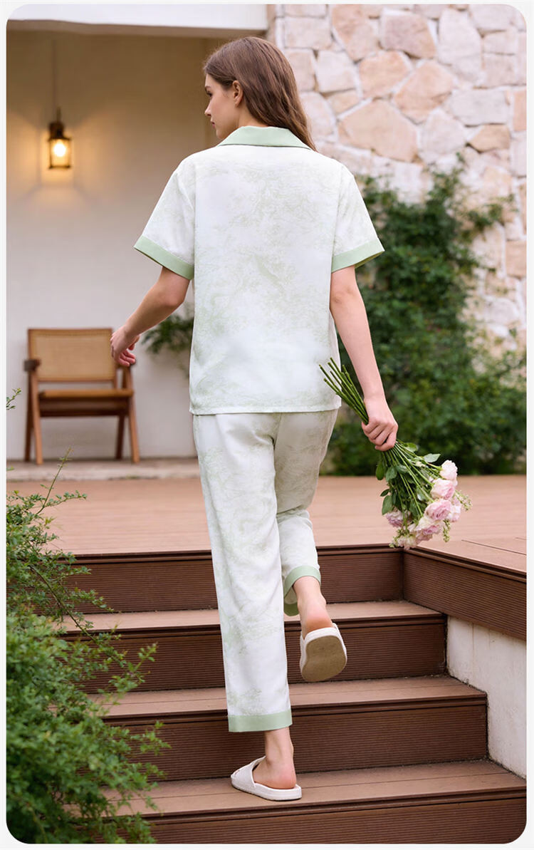 Urban Beauty Women's Pajamas New Short Sleeve Long Pants Cool Ice Silk Satin Printed Homewear Set Spring Summer 2026 New Arrival 19