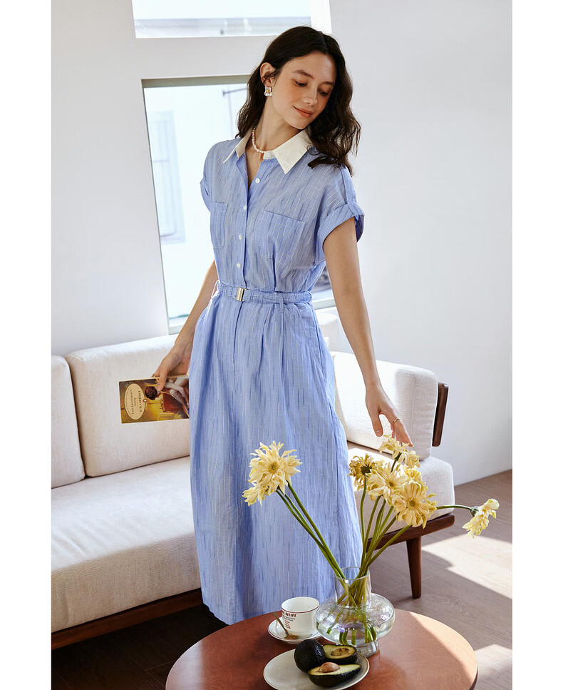 Olrain European Style Summer French Commuter Striped Shirt Dress Waist Slimming Elegant Short Sleeve Dress Blue S 13