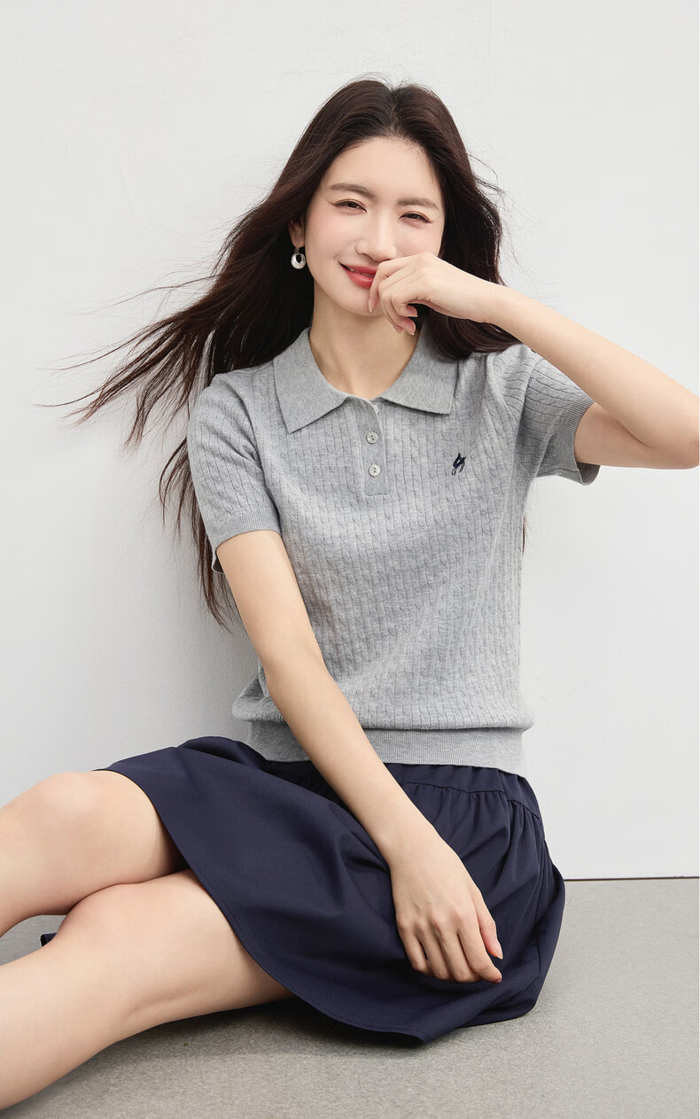 Sllsky College Style Polo Collar Cable Knit Short Sleeve Sweater Women Spring Summer New Wool Embroidered Top 9
