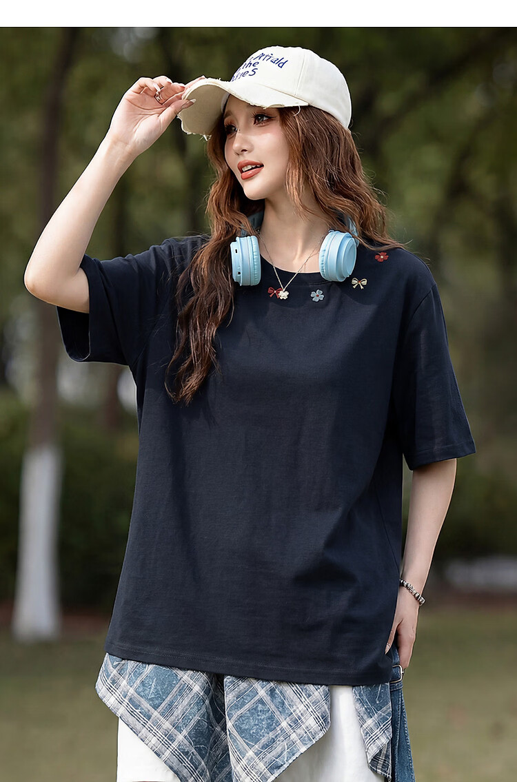 TonLion 2026 Summer New Women's Short Sleeve T-Shirt Round Neck Navy Blue Pure Cotton Unique Design Shoulder Top Trend 4