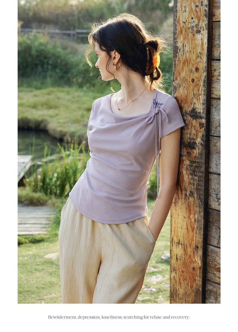 Olrain Eurielle Lyocell Cooling Summer Women's Short Sleeve T-Shirt with Printed Neckline Top Clothing Beige XL 15