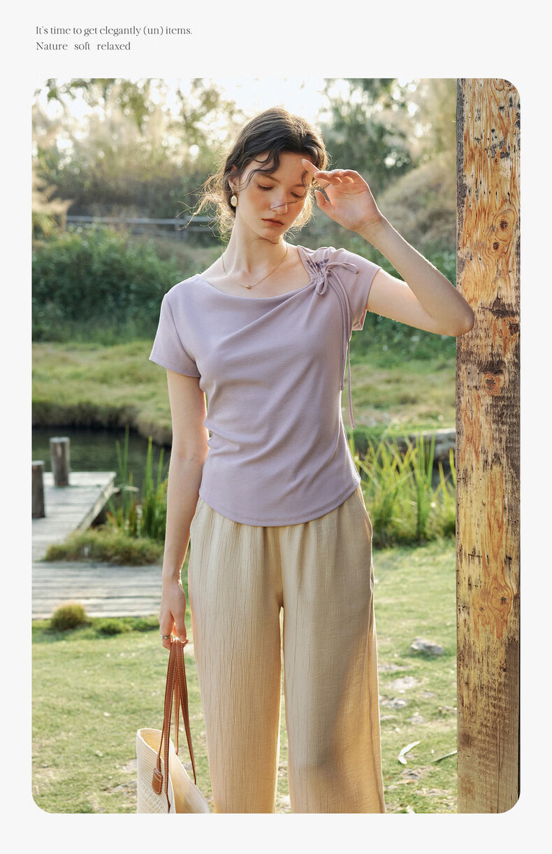 Olrain Eurielle Lyocell Cooling Summer Women's Short Sleeve T-Shirt with Printed Neckline Top Clothing Beige XL 11