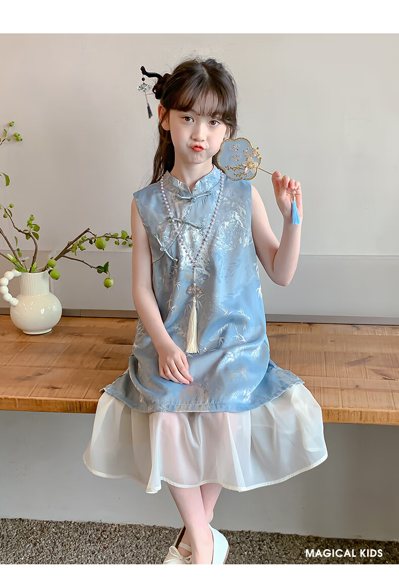 Magical Childhood Girls Summer Dress 2026 New Children's Clothing Little Girls New Chinese Style Qipao Princess Dress 4
