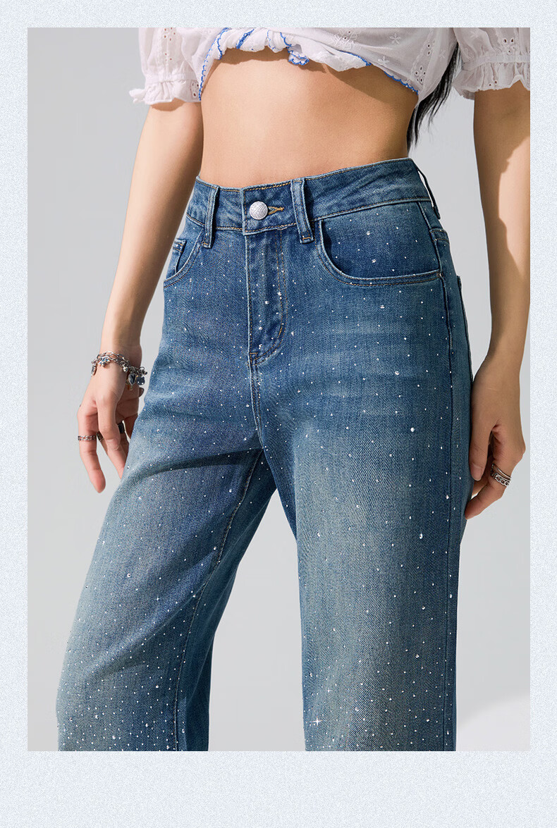 Langsha Starry Sky Rhinestone Denim Jeans Women Spring Summer High Waist Wide Leg Slim Flare Design Loose Casual Pants Female 19