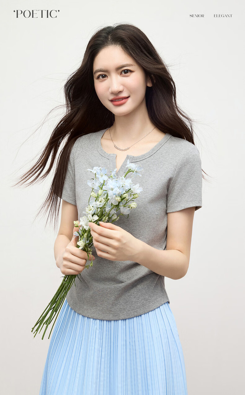 Sllsky Slim Fit Shoulder-Structured Short Sleeve T-Shirt for Women 2026 Summer New Waist-Accentuating Top 2