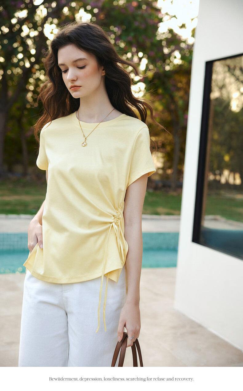 Olrain European Style Summer New French Drawstring Waist Slim Fit Short Sleeve T-Shirt Women Solid Color Versatile Top Yellow L 9