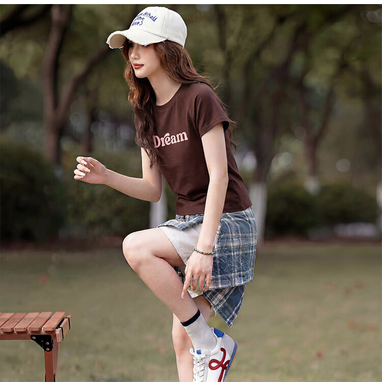 TonLion 2026 Summer Women's Text Print Short Sleeve T-Shirt Dark Coffee Brown L 7
