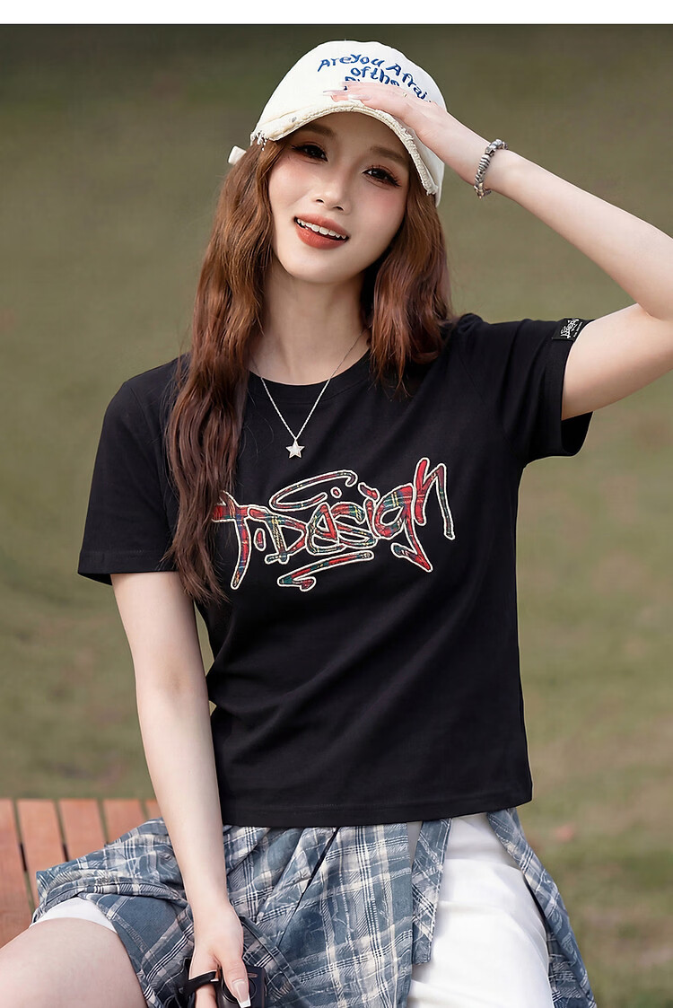 TonLion [Guan Xiaotong Same Style] Tang Lion 2026 Summer Women's Short Sleeve T-Shirt Trendy Plaid Black Loose Top 7