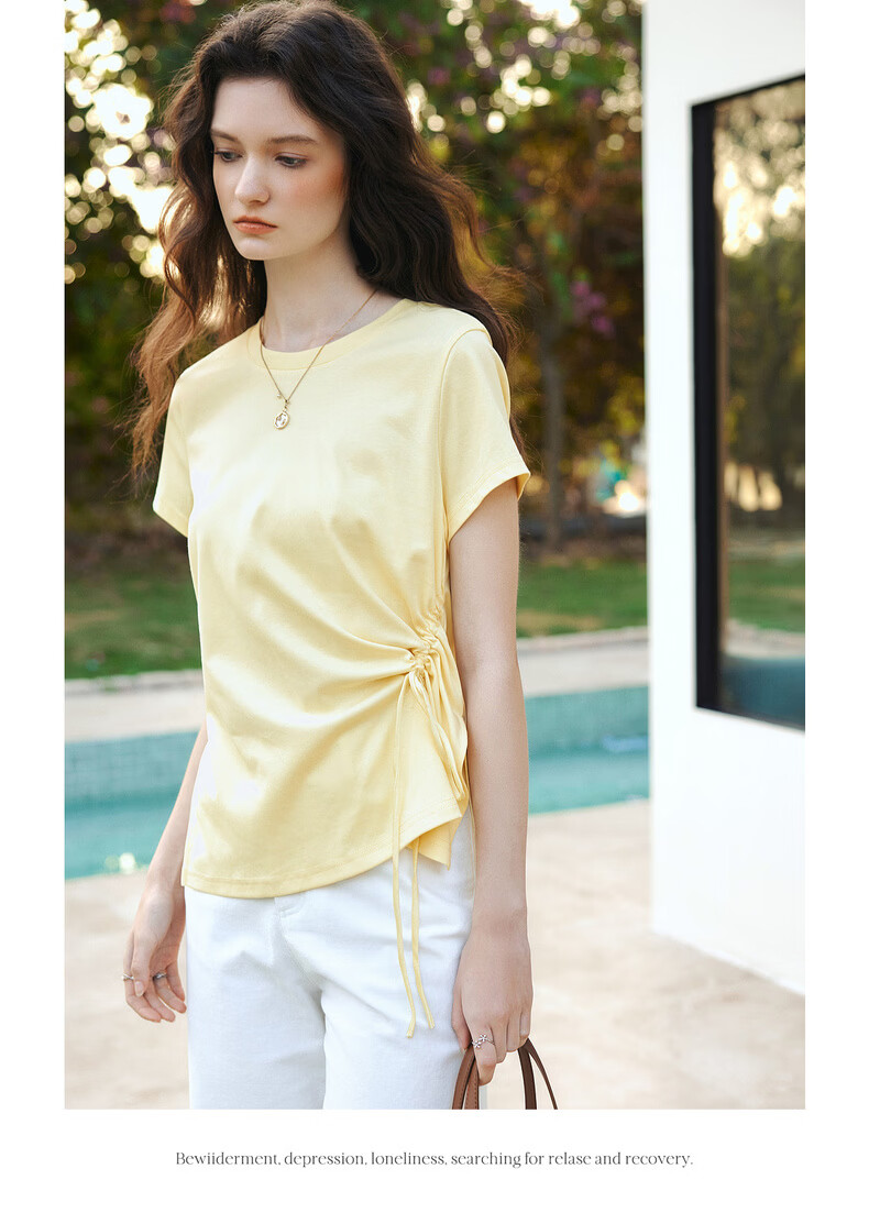 Olrain European Style Summer New French Drawstring Waist Slim Fit Short Sleeve T-Shirt Women Solid Color Versatile Top Yellow L 11