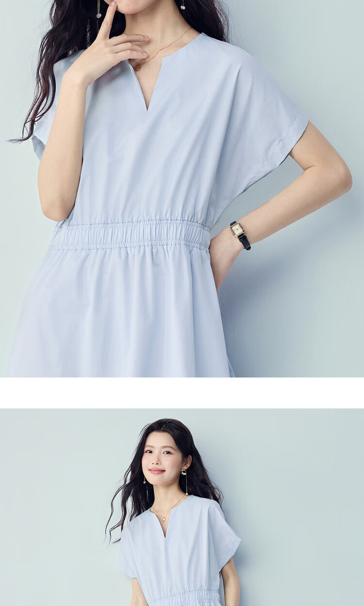 Giordano Minimalist Style Women's Summer New Pure Cotton Elastic Waist V-Neck Short Sleeve Dress 05466343 14