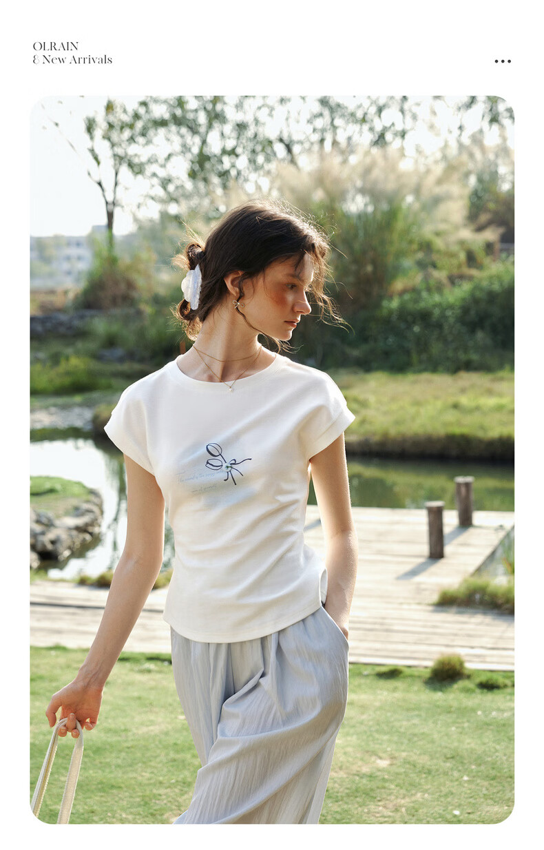 Olrain Eurier Printed Button Sleeve Top New Summer Women's White Casual Commuter Short Sleeve T-Shirt White M 8