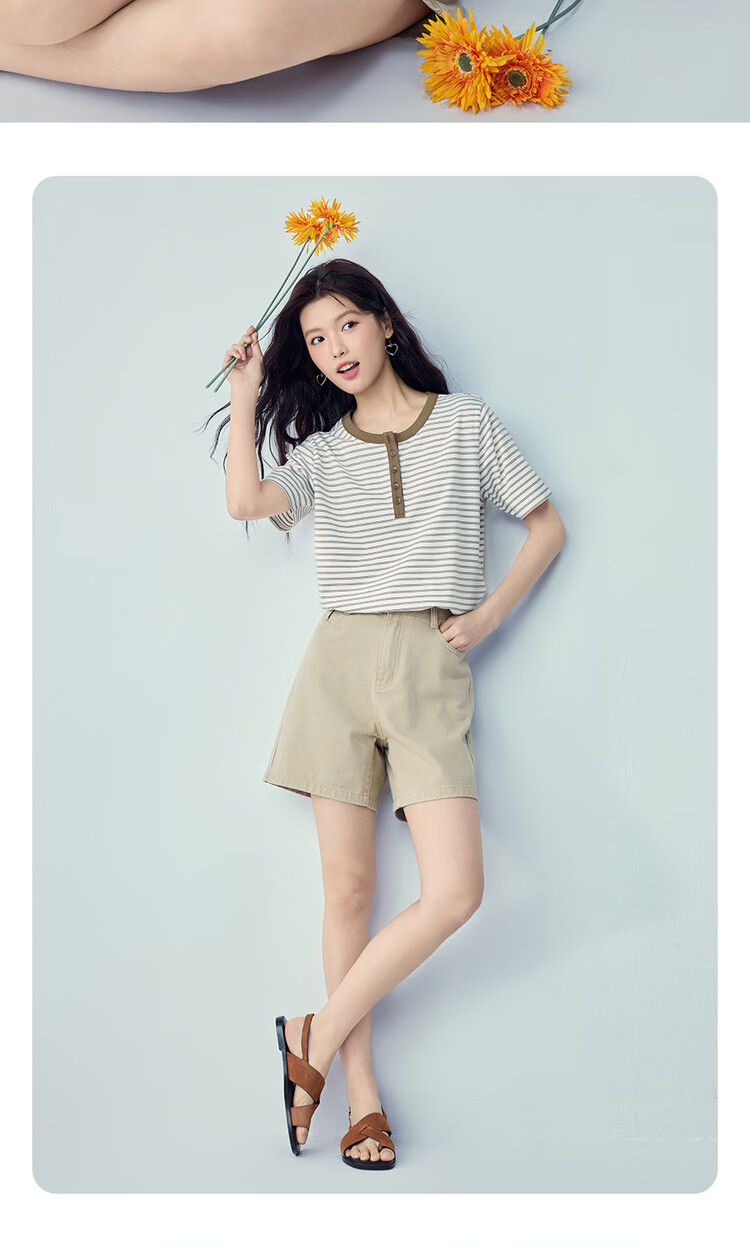 Giordano Women's Striped Cotton Retro Color-Block Henley Short Sleeve T-Shirt Summer New 13326233 12