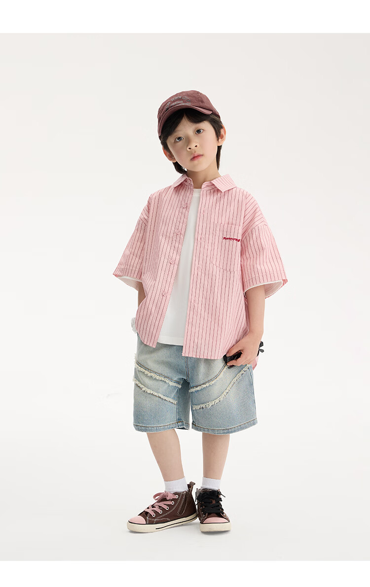 Paitown Boys' Shirt 2026 Summer New Children's Striped Loose Short Sleeve Shirt for Big Kids Trendy 14