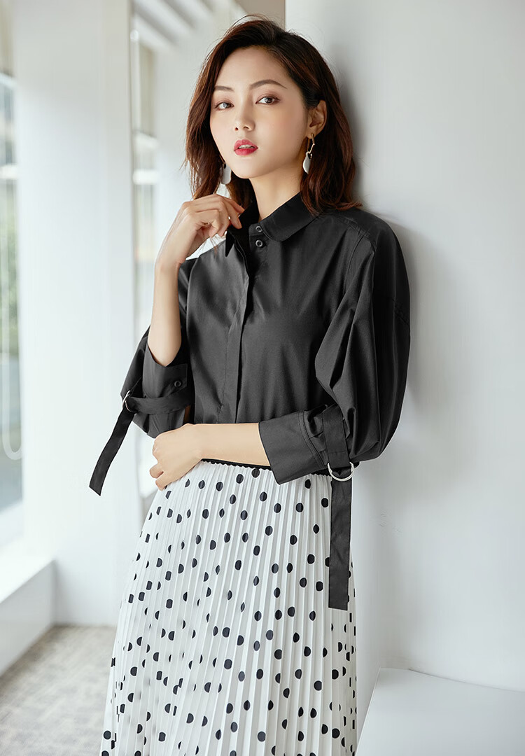 哥弟女装2020春季新款翻领七分袖衬衫女单排扣泡泡袖衬衣8300041 黑 s