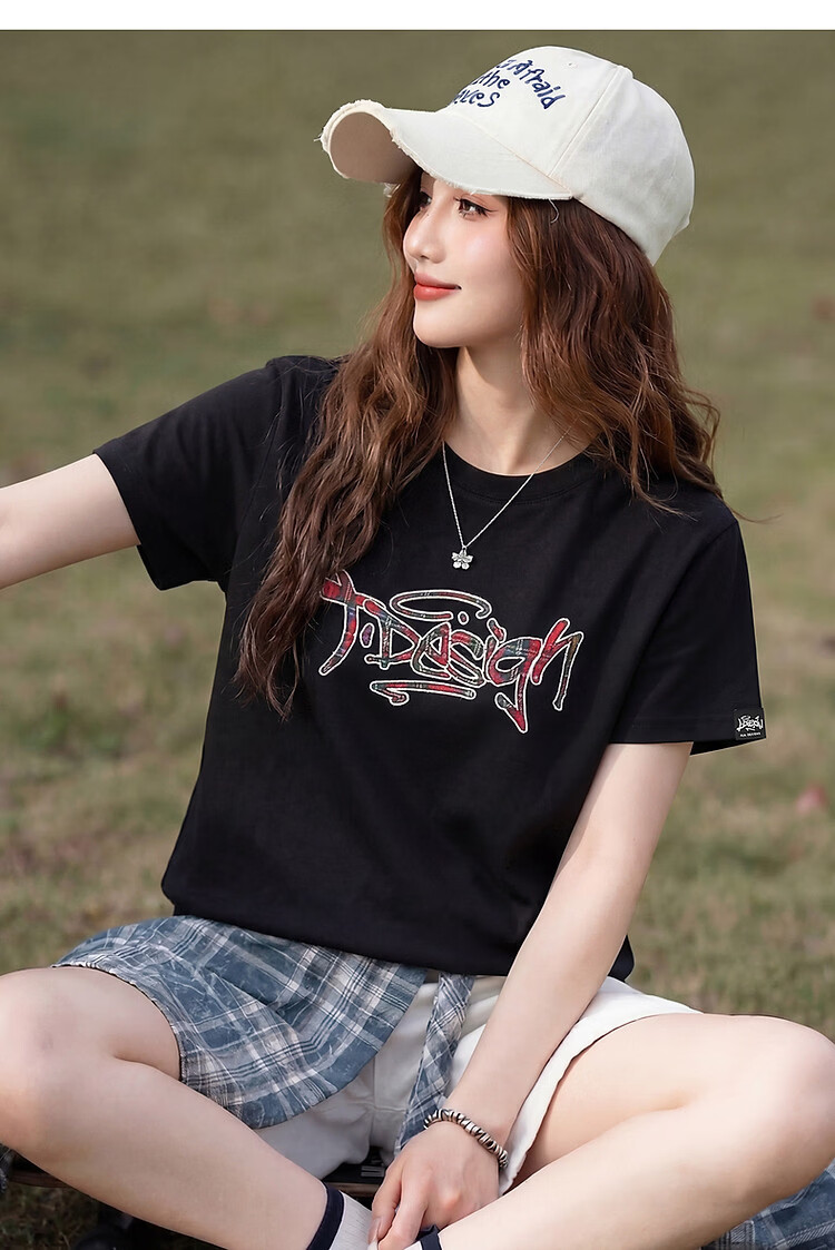 TonLion [Guan Xiaotong Same Style] Tang Lion 2026 Summer Women's Short Sleeve T-Shirt Trendy Plaid Black Loose Top 8