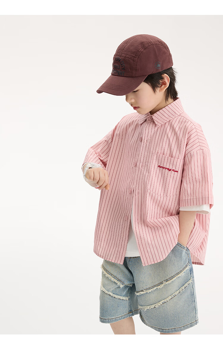 Paitown Boys' Shirt 2026 Summer New Children's Striped Loose Short Sleeve Shirt for Big Kids Trendy 11