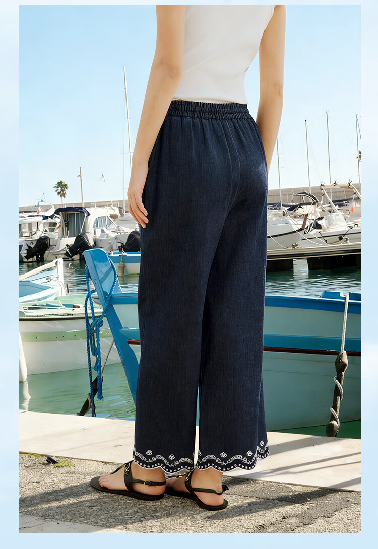 INMAN Hemp Cotton Embroidered Natural Color Denim Wide-Leg Pants 26 Summer New Drawstring Cropped Trousers Deep Denim Blue M 19