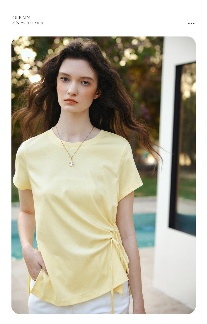 Olrain European Style Summer New French Drawstring Waist Slim Fit Short Sleeve T-Shirt Women Solid Color Versatile Top Yellow L 2