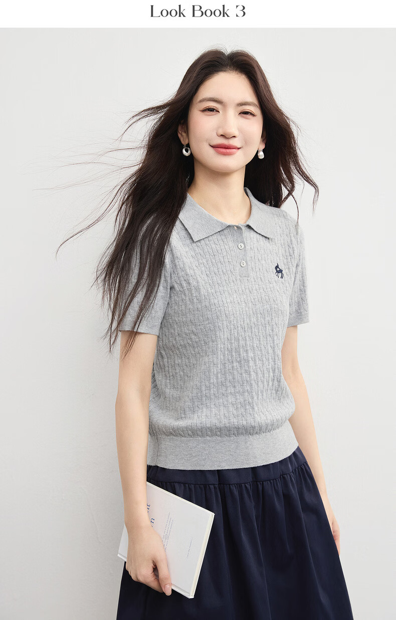 Sllsky College Style Polo Collar Cable Knit Short Sleeve Sweater Women Spring Summer New Wool Embroidered Top 17