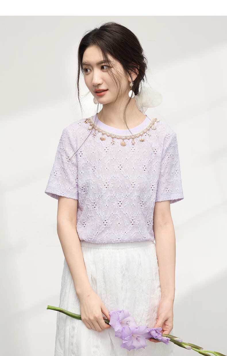 Sllsky Bohemian Heavywork Hollow-out Short Sleeve T-shirt Women Summer 2026 New Elegant Shell Strap Crew Neck Top 17