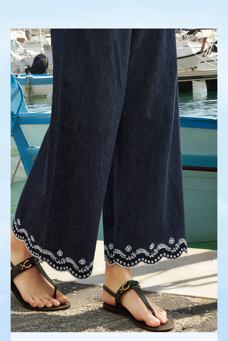 INMAN Hemp Cotton Embroidered Natural Color Denim Wide-Leg Pants 26 Summer New Drawstring Cropped Trousers Deep Denim Blue M 3