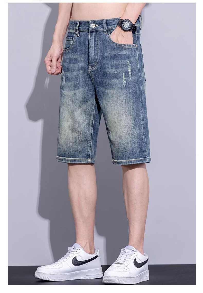 ROMON Summer Lightweight Denim Shorts Men Casual Loose Straight Five-Point Pants Faded Blue Size 30 15