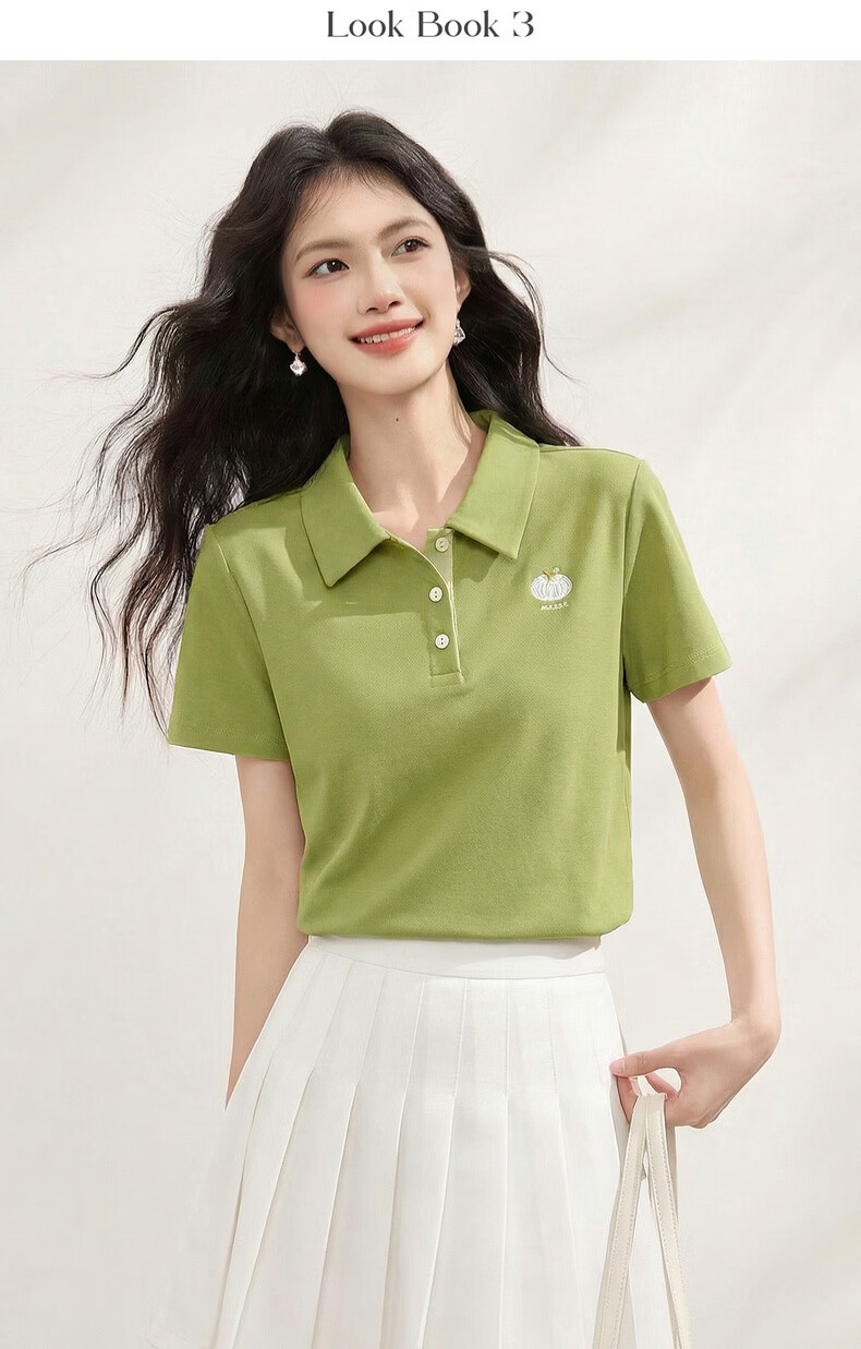 Sllsky Casual Polo Collar Short Sleeve Women's T-Shirt 2026 Summer New Versatile Fashion Embroidered Shoulder Tee 17
