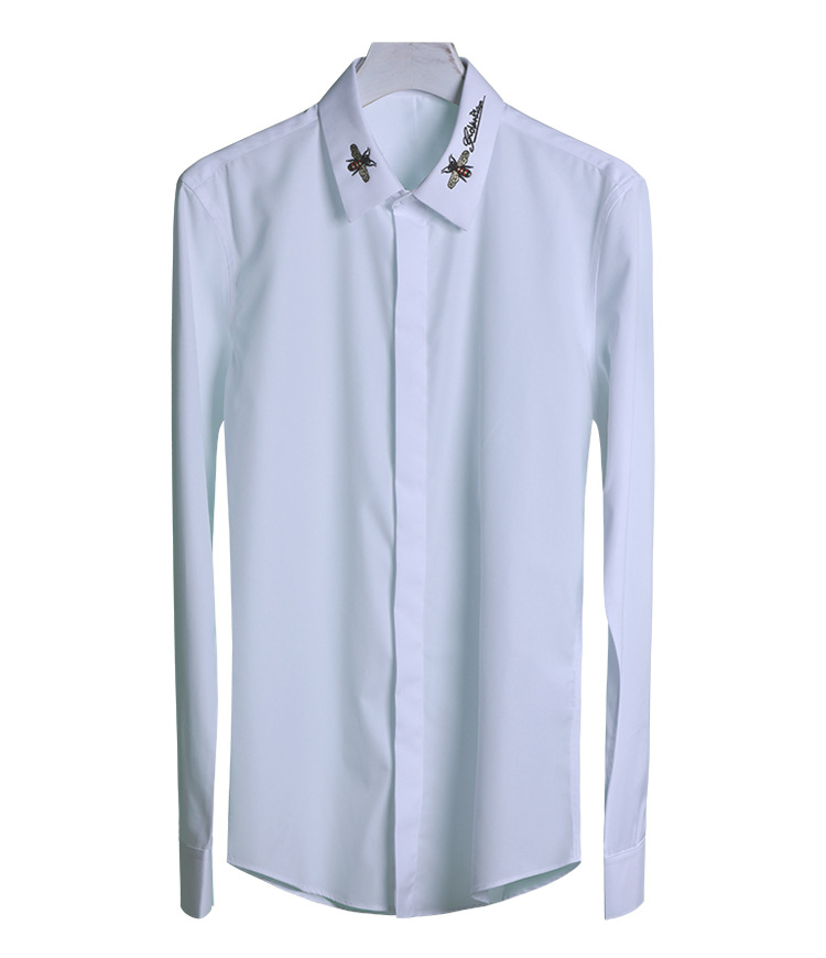 una apchi 香港潮牌时尚小蜜蜂白色衬衫男士2019秋冬新款潮流绣花衬衣