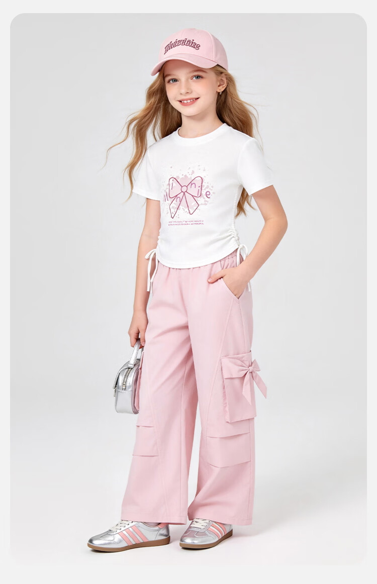Disney Girls Bow Print T-Shirt and Drawstring Short Sleeve Cargo Wide-Leg Pants Two-Piece Set White Pink 150 15