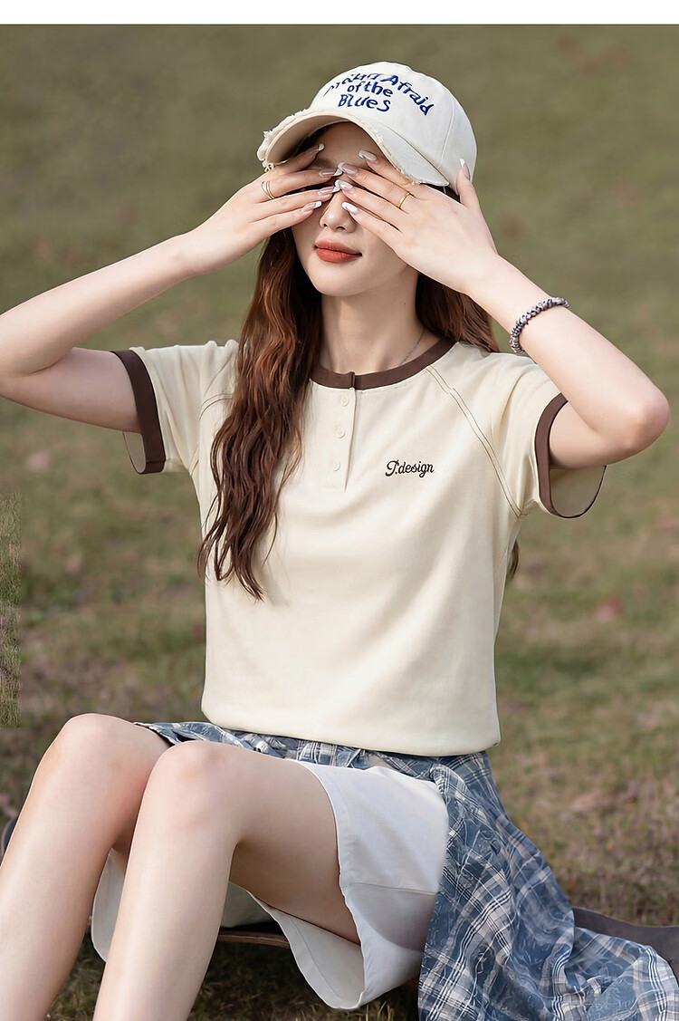 TonLion 2026 Summer Women's Colorblock Mid-Length Short Sleeve T-Shirt Navy Blue L 12