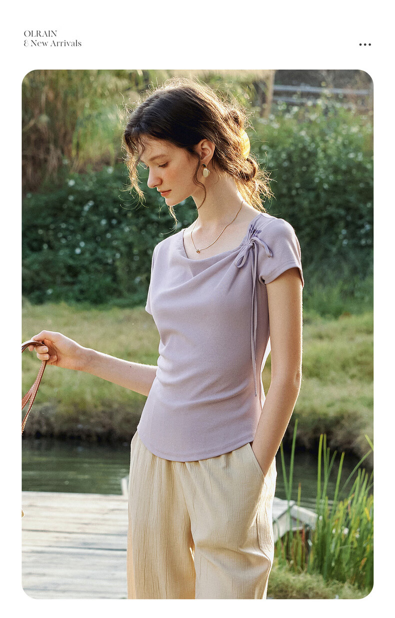 Olrain Eurielle Lyocell Cooling Summer Women's Short Sleeve T-Shirt with Printed Neckline Top Clothing Beige XL 7