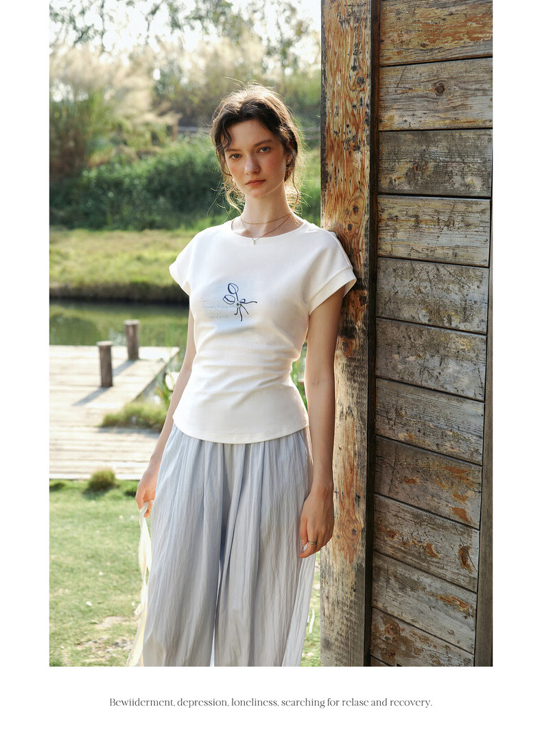 Olrain Eurier Printed Button Sleeve Top New Summer Women's White Casual Commuter Short Sleeve T-Shirt White M 19