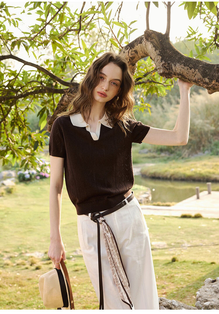 Olrain Colorblock Polo Collar Knit Pullover Women's Summer New Simple Commuter Top Brown M 24