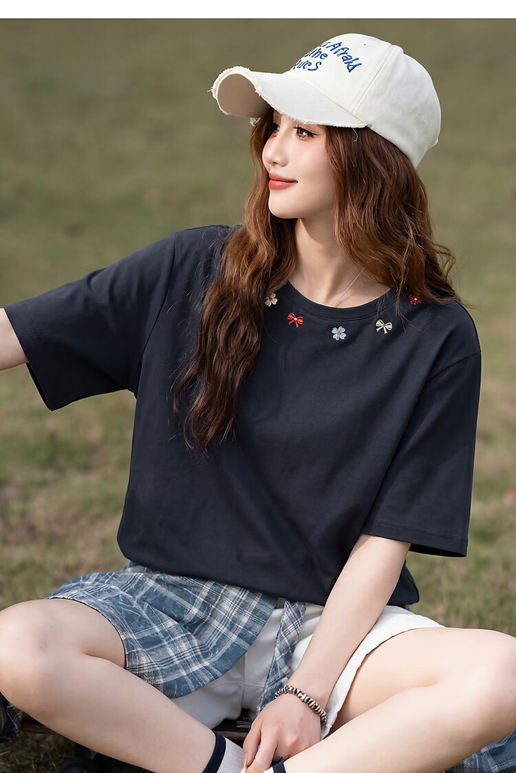 TonLion 2026 Summer New Women's Short Sleeve T-Shirt Round Neck Navy Blue Pure Cotton Unique Design Shoulder Top Trend 9