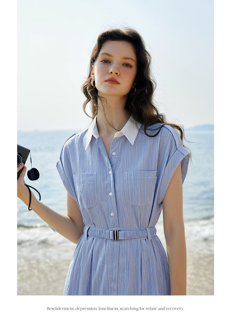 Olrain European Style Summer French Commuter Striped Shirt Dress Waist Slimming Elegant Short Sleeve Dress Blue S 11