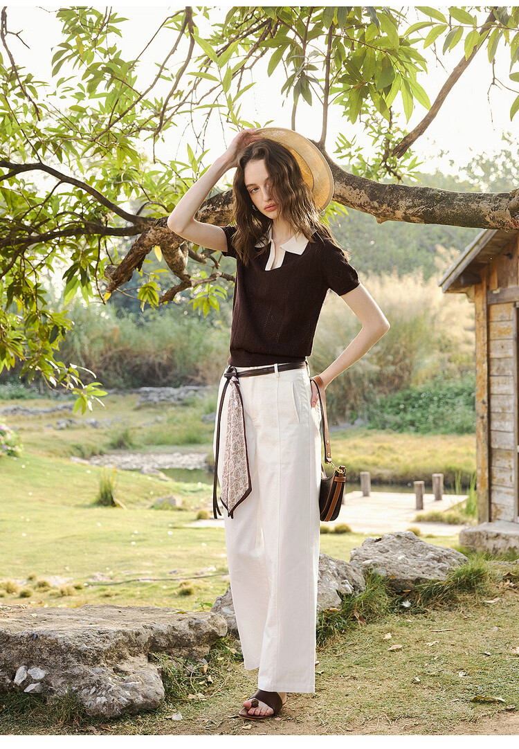 Olrain Colorblock Polo Collar Knit Pullover Women's Summer New Simple Commuter Top Brown M 18