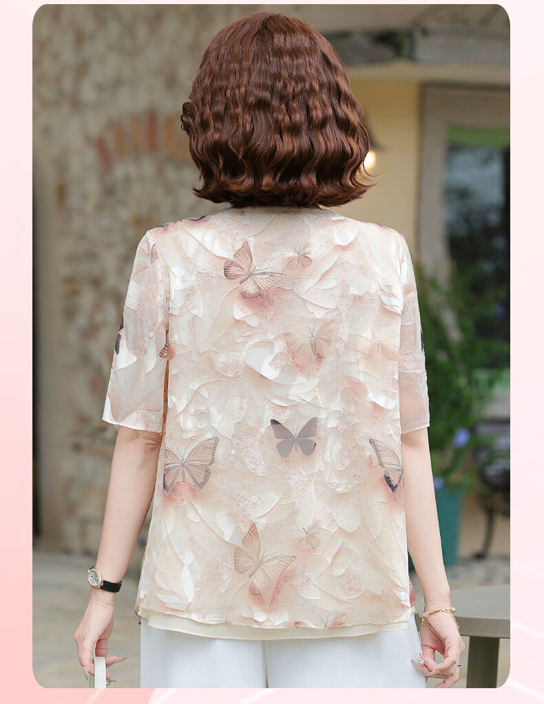 Hodo Middle-aged Mom Summer Chiffon Shirt Thin Summer Set Middle-aged and Elderly Fashion Women's Short Sleeve Top Two-piece Set 17