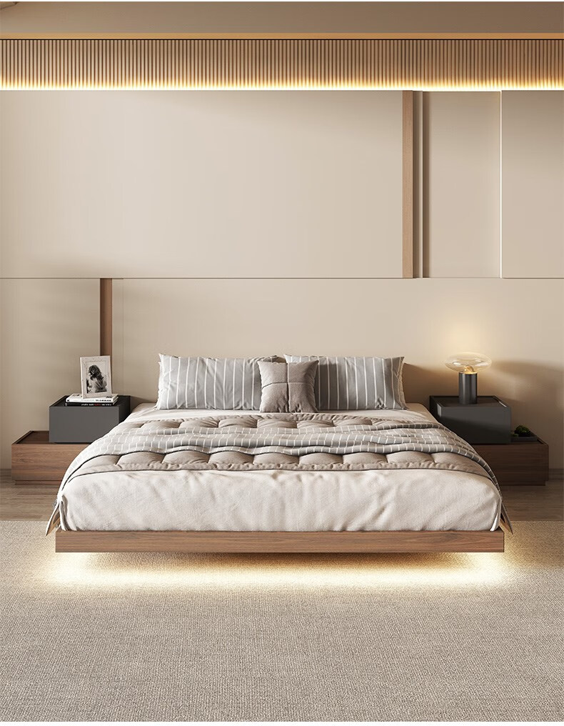 木卫 北欧风无床头轻奢悬浮床实木日式榻榻米床架板式床现代简约酒店