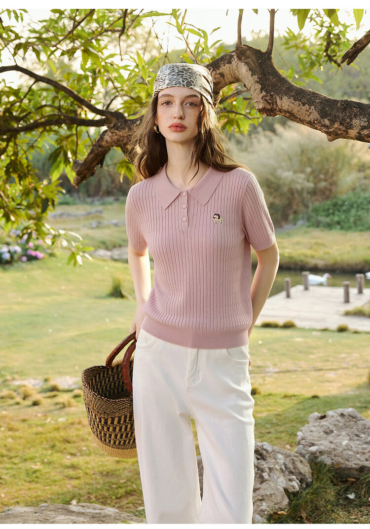 Olrain Oureier Twisted Flower Polo Collar Vintage Commuter Knit Pullover Women's Summer Simple Top Pink M 12
