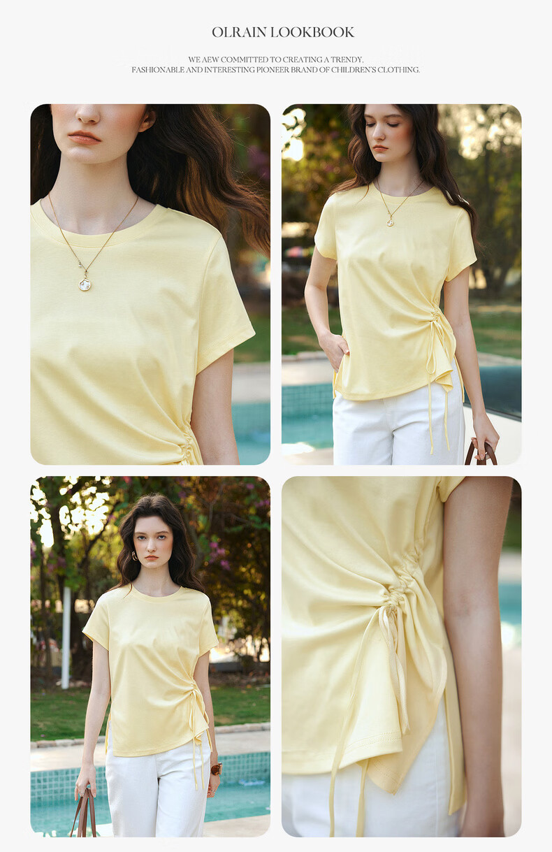 Olrain European Style Summer New French Drawstring Waist Slim Fit Short Sleeve T-Shirt Women Solid Color Versatile Top Yellow L 6