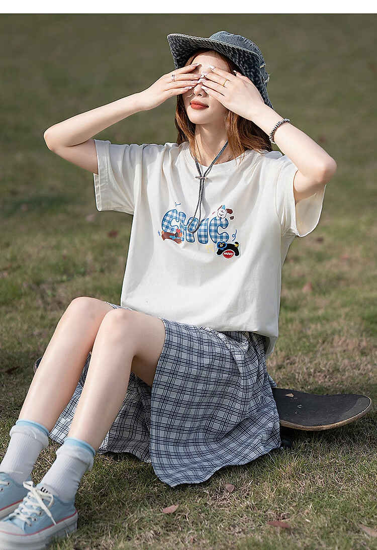 TonLion 2025 Summer Women's Crew Neck Plaid Letter Short Sleeve T-Shirt 9