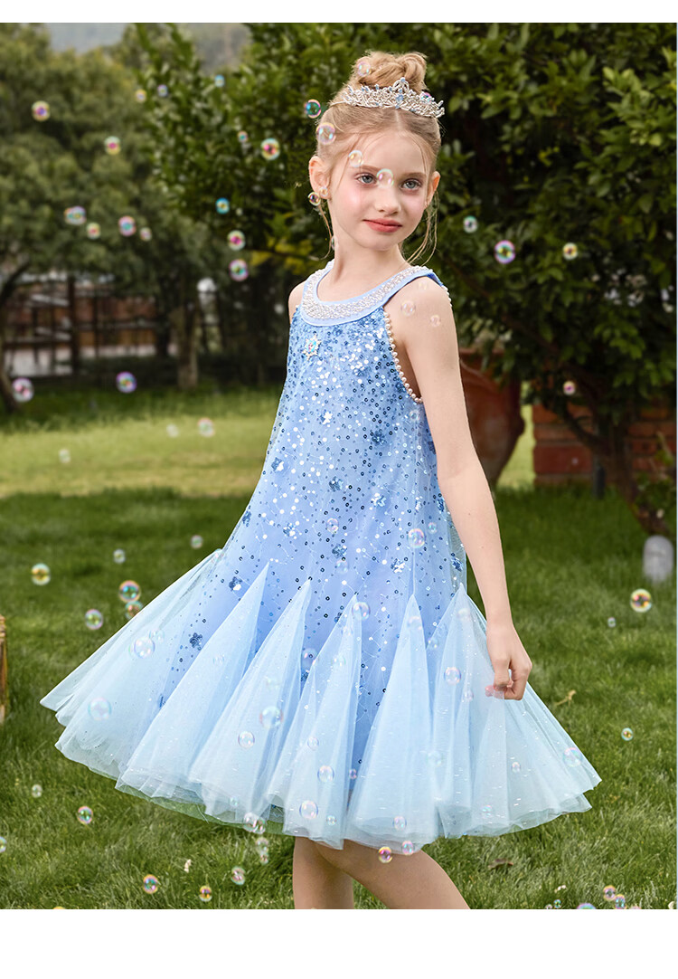 Disney Elsa Princess Dress Girls Summer 2026 New Children's Stylish Performance Costume Princess Style Kids Clothing 9