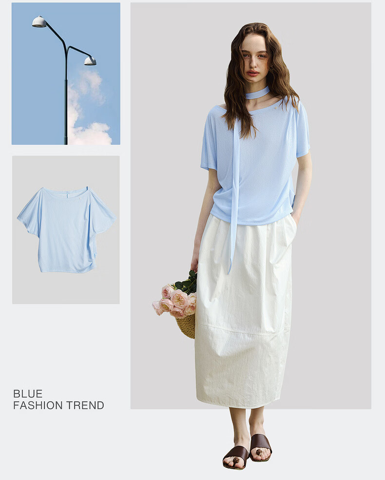 Olrain Eurier Casual Loose Short Sleeve T-Shirt Women Summer New Trendy Top Blue S 8