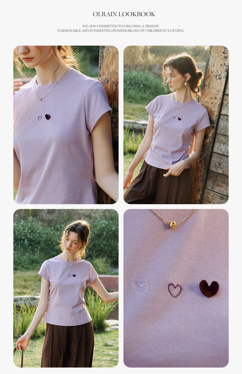 Olrain Oureier Summer New Women's Round Neck Heart Embroidery Casual Pullover Short Sleeve T-Shirt Top Purple M 11