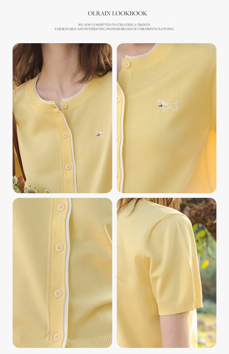 Olrain Eurielle Commuter Simple Ice Silk Fake Two-Piece Knit Cardigan Women Summer Short Sleeve Top Yellow M 13