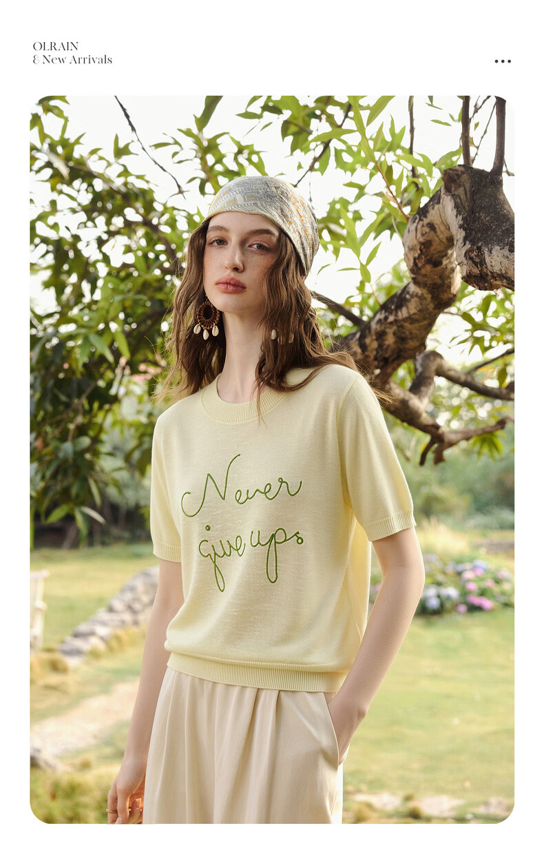 Olrain Eurielle Summer New Women's Lazy Bamboo Slub Yarn Knit Loose Versatile Thin Pullover Light Yellow M 2