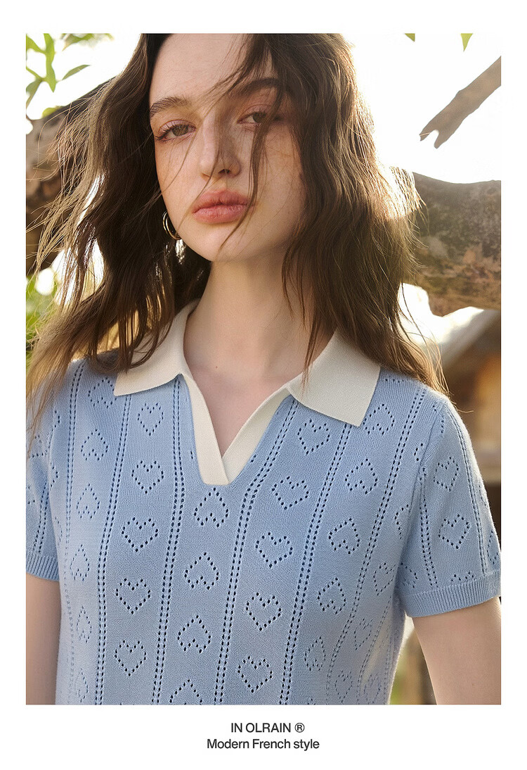 Olrain Colorblock Polo Collar Knit Pullover Women's Summer New Simple Commuter Top Brown M 11