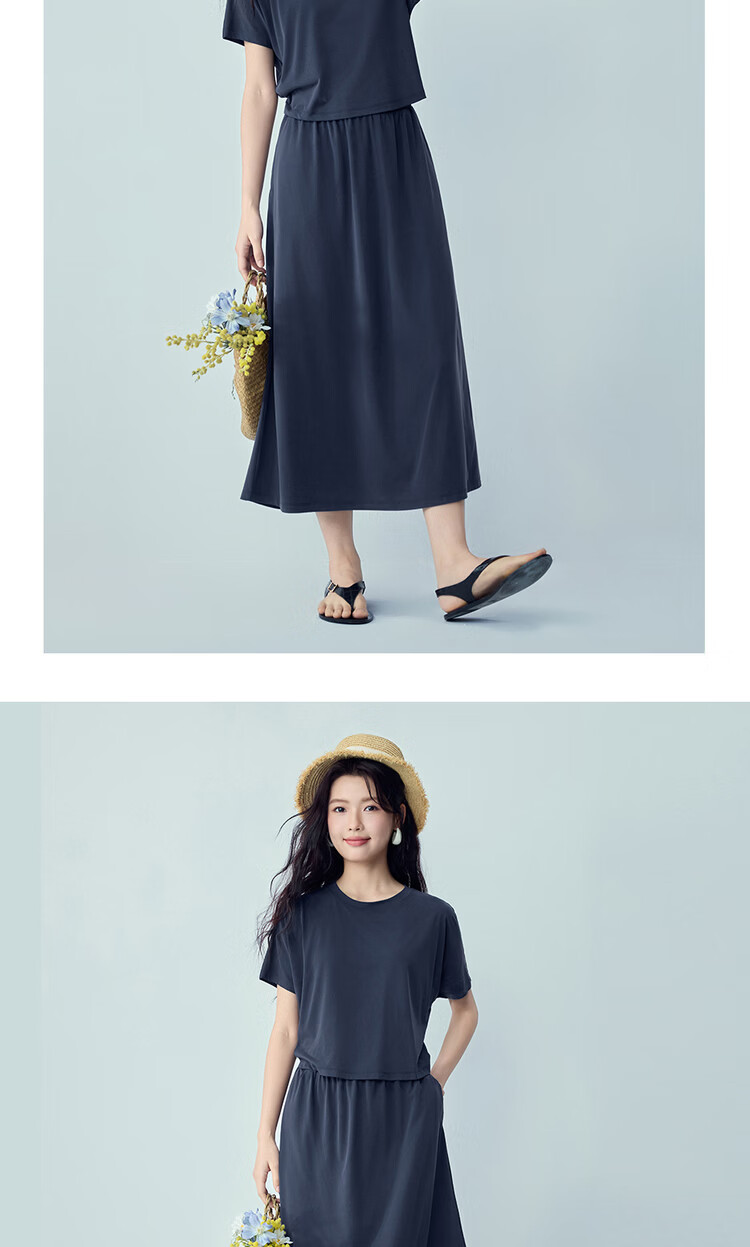 Giordano Minimalist Style Women's Summer New Fake Two-Piece Waist-Cinching Round Neck Short Sleeve Dress 05466457 15