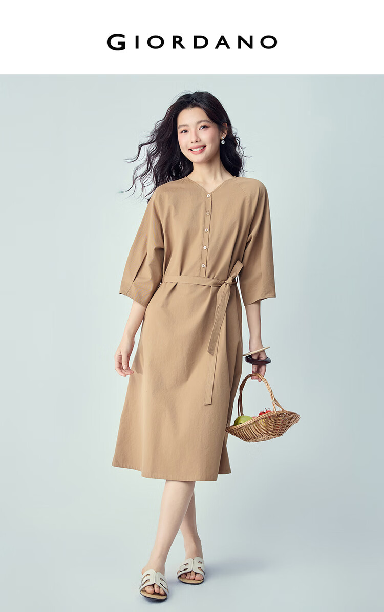 Giordano Women's New Pure Cotton Commuter Tie-Waist V-Neck Raglan Three-Quarter Sleeve Dress 13466235 3