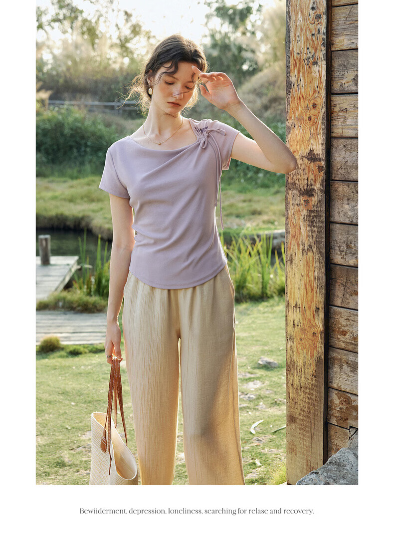 Olrain Eurielle Lyocell Cooling Summer Women's Short Sleeve T-Shirt with Printed Neckline Top Clothing Beige XL 18